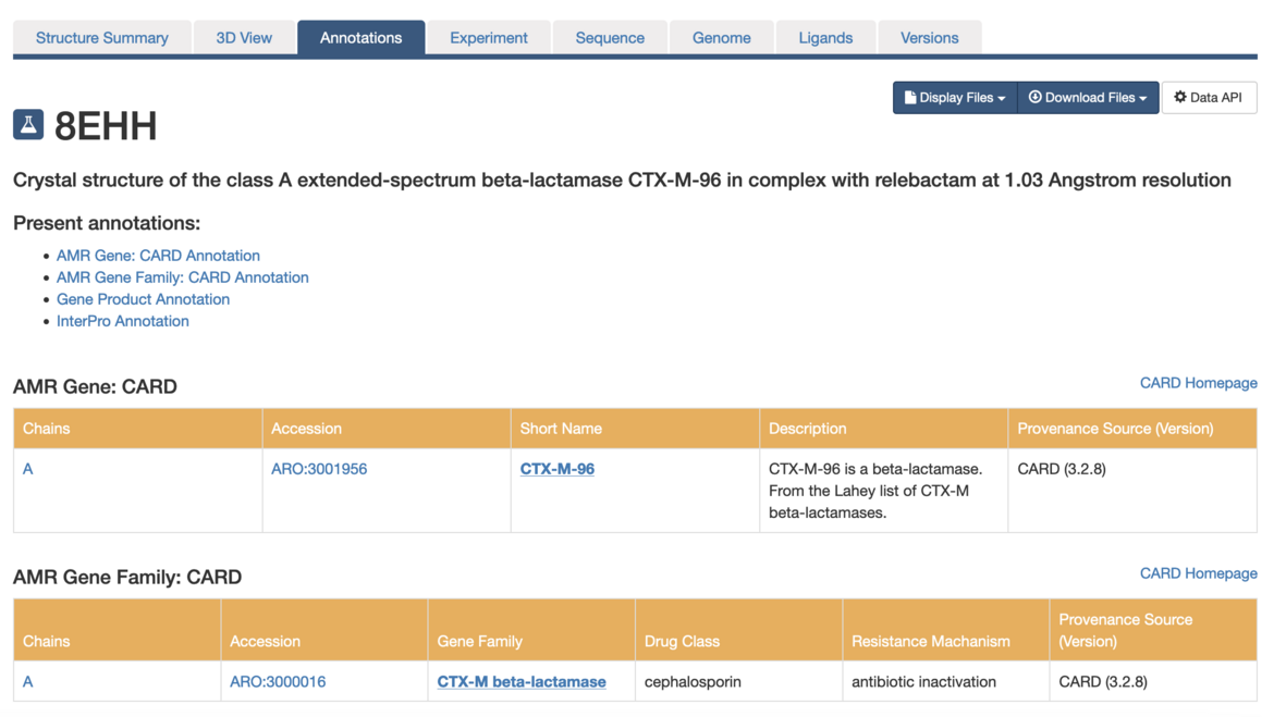 <I>Select the <a href="https://www.rcsb.org/annotations/8EHH#cardGene">Annotations Tab</a> of a Structure Summary page to access CARD mappings.</I>