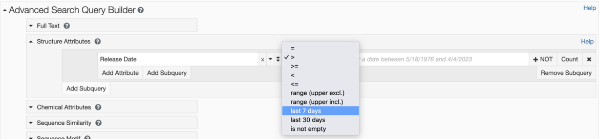 <I>Use Advanced Search to find structures based on a given date.  The date option can be used to create searches relative to the current date (for example, find all structures released in the last 7 days). </I>