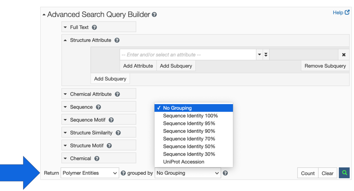 <a href="https://www.rcsb.org/search/advanced/">Access this feature of the Advanced Search Query Builder</a>. The arrow indicates where the user can toggle between options for grouping search results for <I>Entities</I> (sequence identity, UniProt ID) or for <I>Structures</I> (similar depositions grouped together).