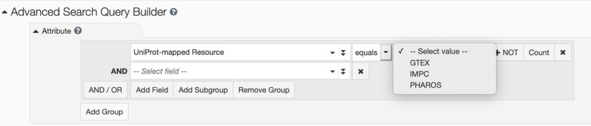 Searching PDB entries that have a mapping to these 3 NIH Common Fund data resources is possible in the <a href="http://www.rcsb.org/search/advanced">RCSB.org Advanced Search User Interface</a>  by selecting Attribute: <I>Linked External Resources</i> and <i>UniProt-mapped Resource</i>.